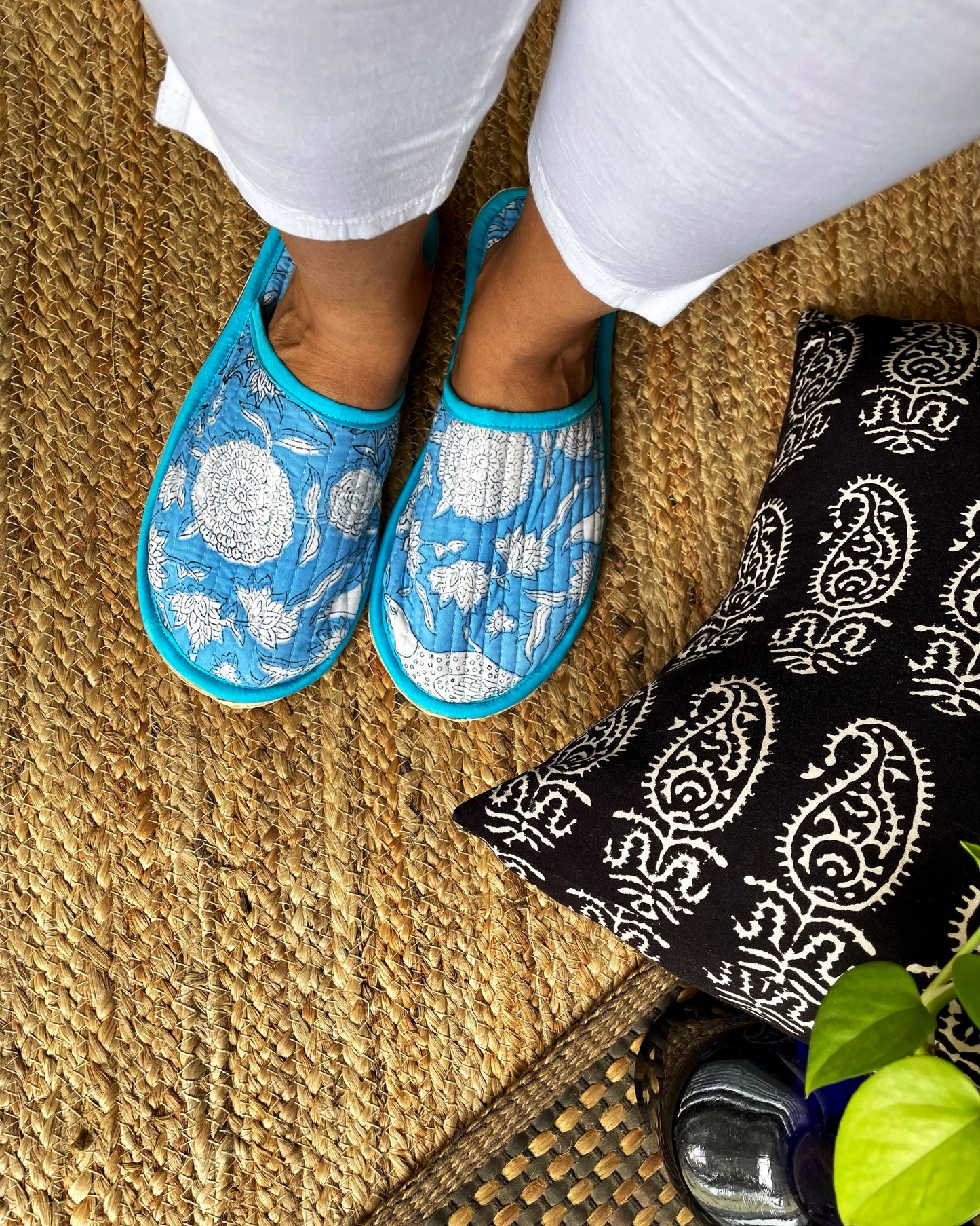Tranquil Oasis | Hand Block Printed & Quilted Cotton Home Slip-Ons