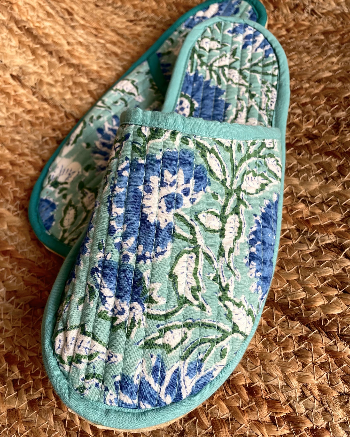 Turquoise Daisy | Hand Block Printed & Quilted Cotton Home Slip-Ons