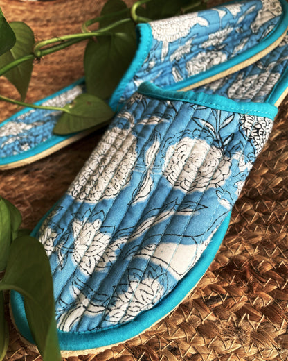 Tranquil Oasis | Hand Block Printed & Quilted Cotton Home Slip-Ons