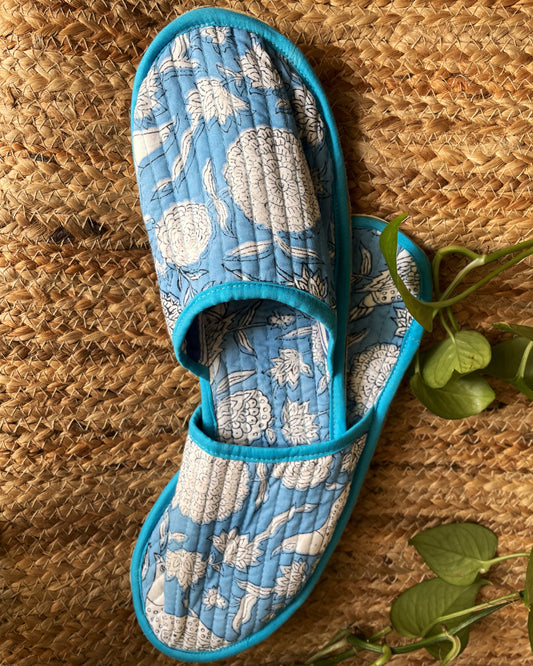 Tranquil Oasis | Hand Block Printed & Quilted Cotton Home Slip-Ons