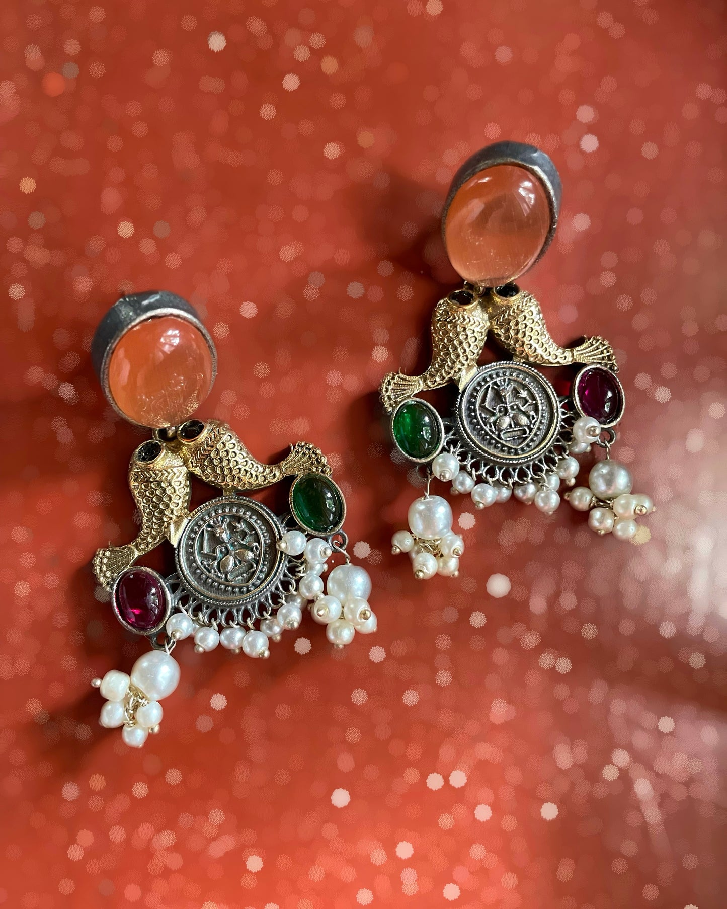 Meenavati | Silver Plated | Dual Tone Kemp Statement Earrings