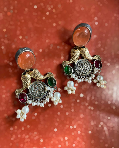 Meenavati | Silver Plated | Dual Tone Kemp Statement Earrings