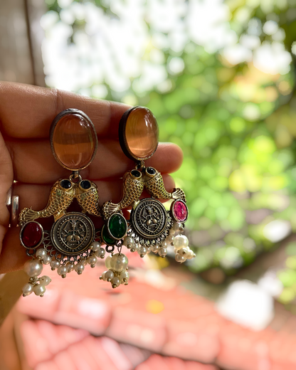 Meenavati | Silver Plated | Dual Tone Kemp Statement Earrings
