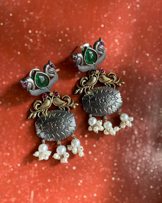 Mudhraa | Silver Plated | Dual Tone Kemp Statement Earrings