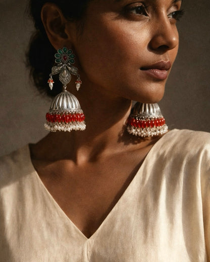 Goddess of the woods | Silver-Plated Multicolour Stone Statement Jhumkas with Pearls