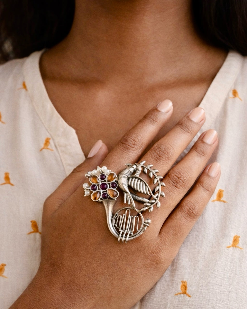 Call of the Sparrow | Silver Plated Handcrafted Fusion Statement Ring