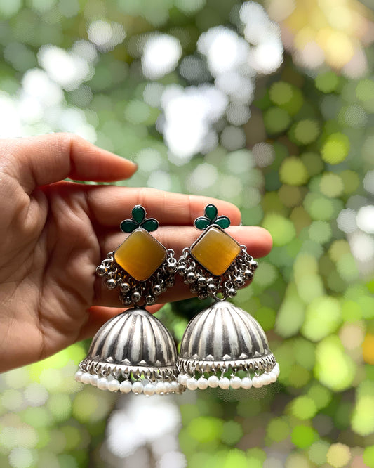 Iravya | Silver Plated Statement Jhumkas with Pearls