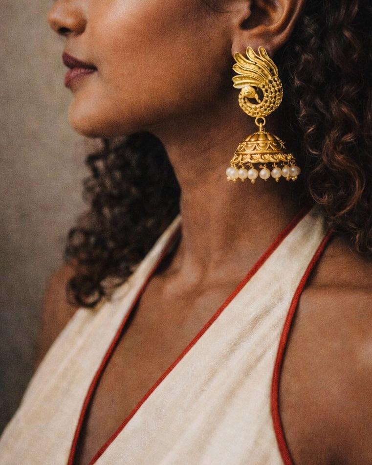 Mayil Kanakam | Antique Gold-Plated Jhumkas| The Vishu Collective'26