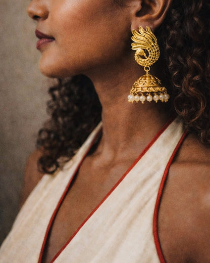 Mayil Kanakam | Antique Gold-Plated Jhumkas| The Vishu Collective'26