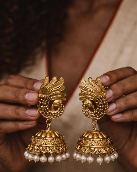Mayil Kanakam | Antique Gold-Plated Jhumkas| The Vishu Collective'26