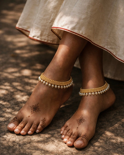 Mulla Mottu | Antique Gold-Plated Pearl Anklets | The Vishu Collective'26