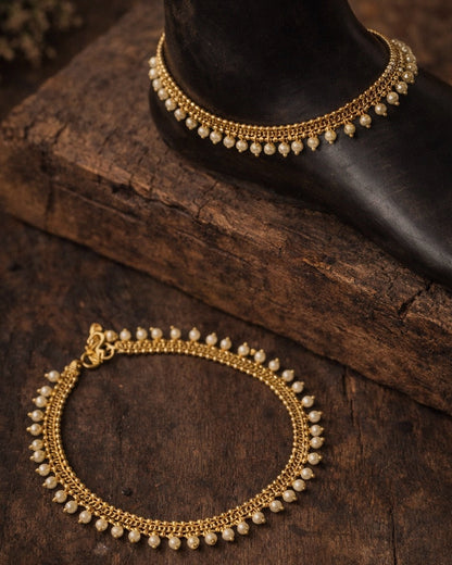 Mulla Mottu | Antique Gold-Plated Pearl Anklets | The Vishu Collective'26
