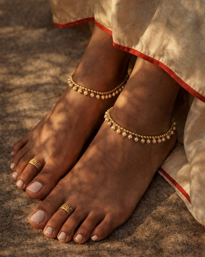 Manju Thuli | Antique Gold-Plated Pearl Anklets | The Vishu Collective'26