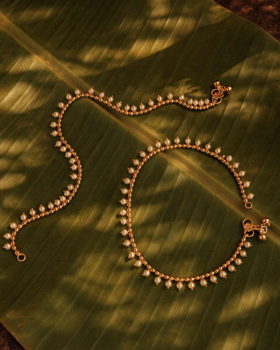 Manju Thuli | Antique Gold-Plated Pearl Anklets | The Vishu Collective'26