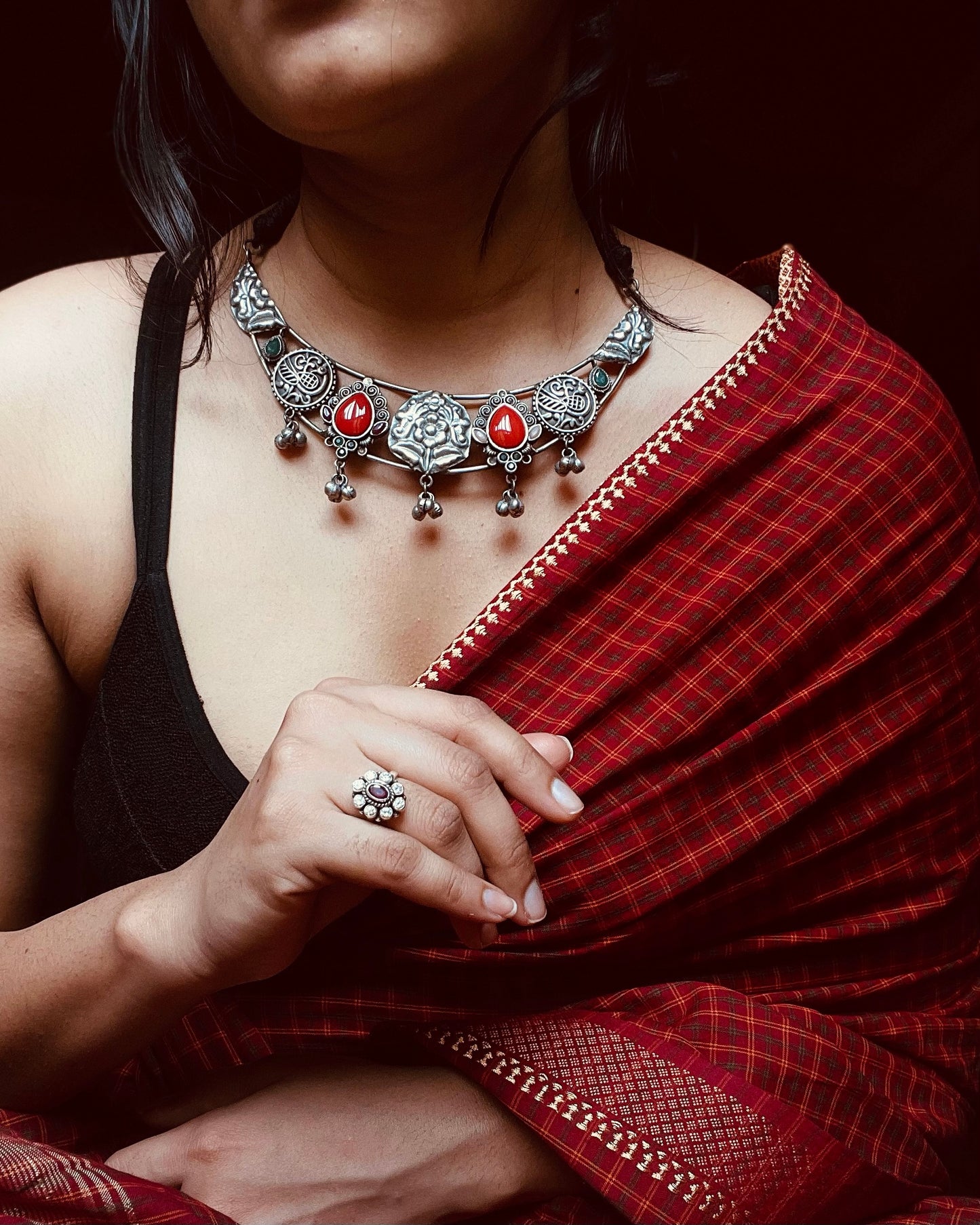 Ruby Mirage | Silver Plated Fusion Handcrafted Statement Necklace