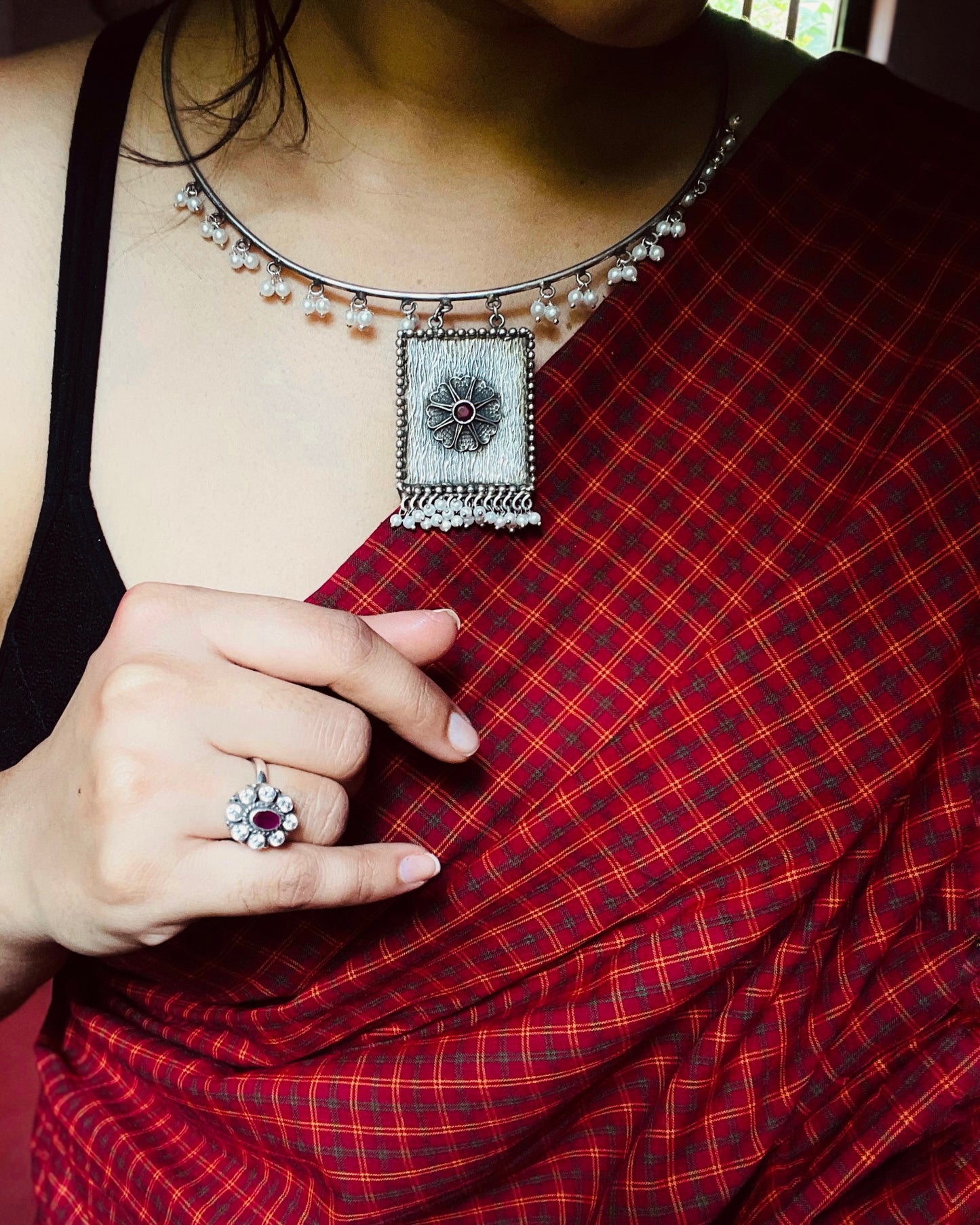 Petal & Pearl | Silver Plated Fusion Handcrafted Statement Necklace