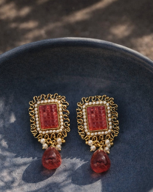 Vermilion Pearl Drops | Antique Gold-Plated Studs | The Vishu Collective'26