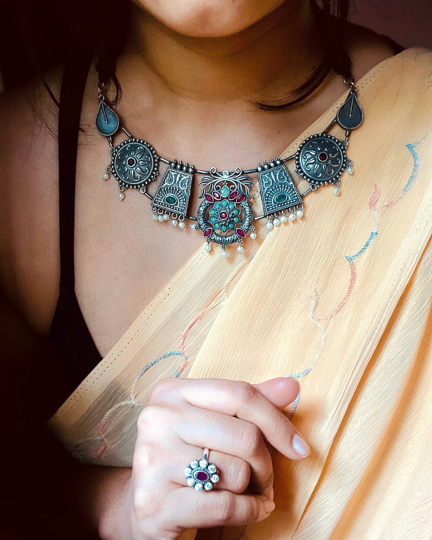 Peacock's Crown | Silver Plated Fusion Handcrafted Statement Necklace