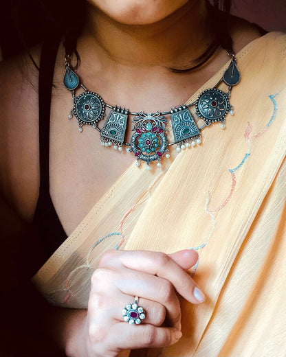 Peacock's Crown | Silver Plated Fusion Handcrafted Statement Necklace