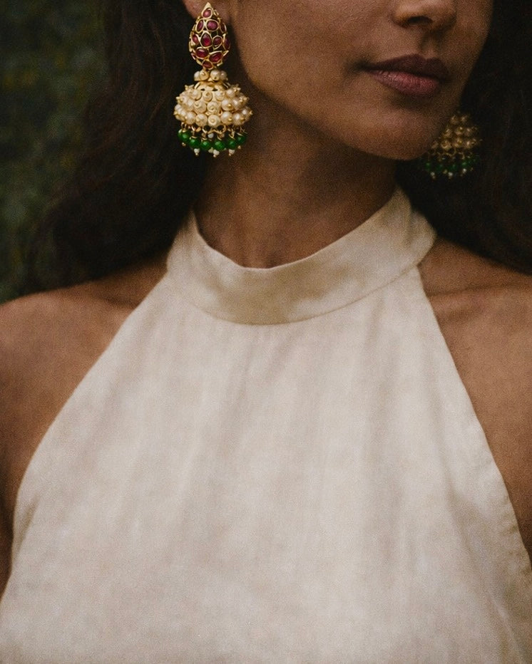 Kottaram Cluster Pearls x Kemp | Antique Gold-Plated Jhumkas| The Vishu Collective'26