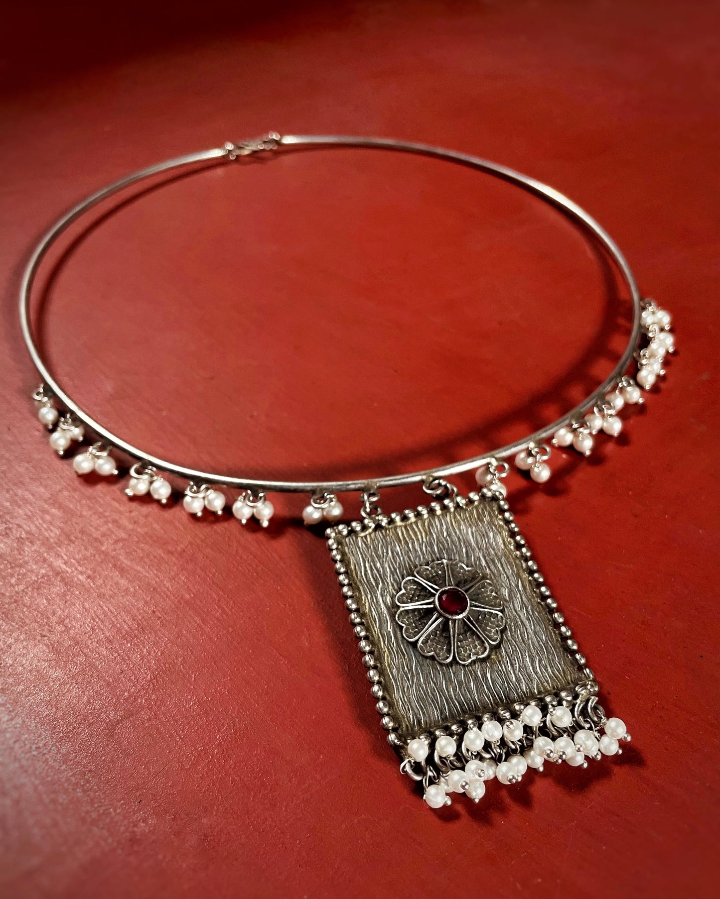 Petal & Pearl | Silver Plated Fusion Handcrafted Statement Necklace