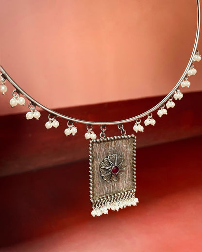 Petal & Pearl | Silver Plated Fusion Handcrafted Statement Necklace