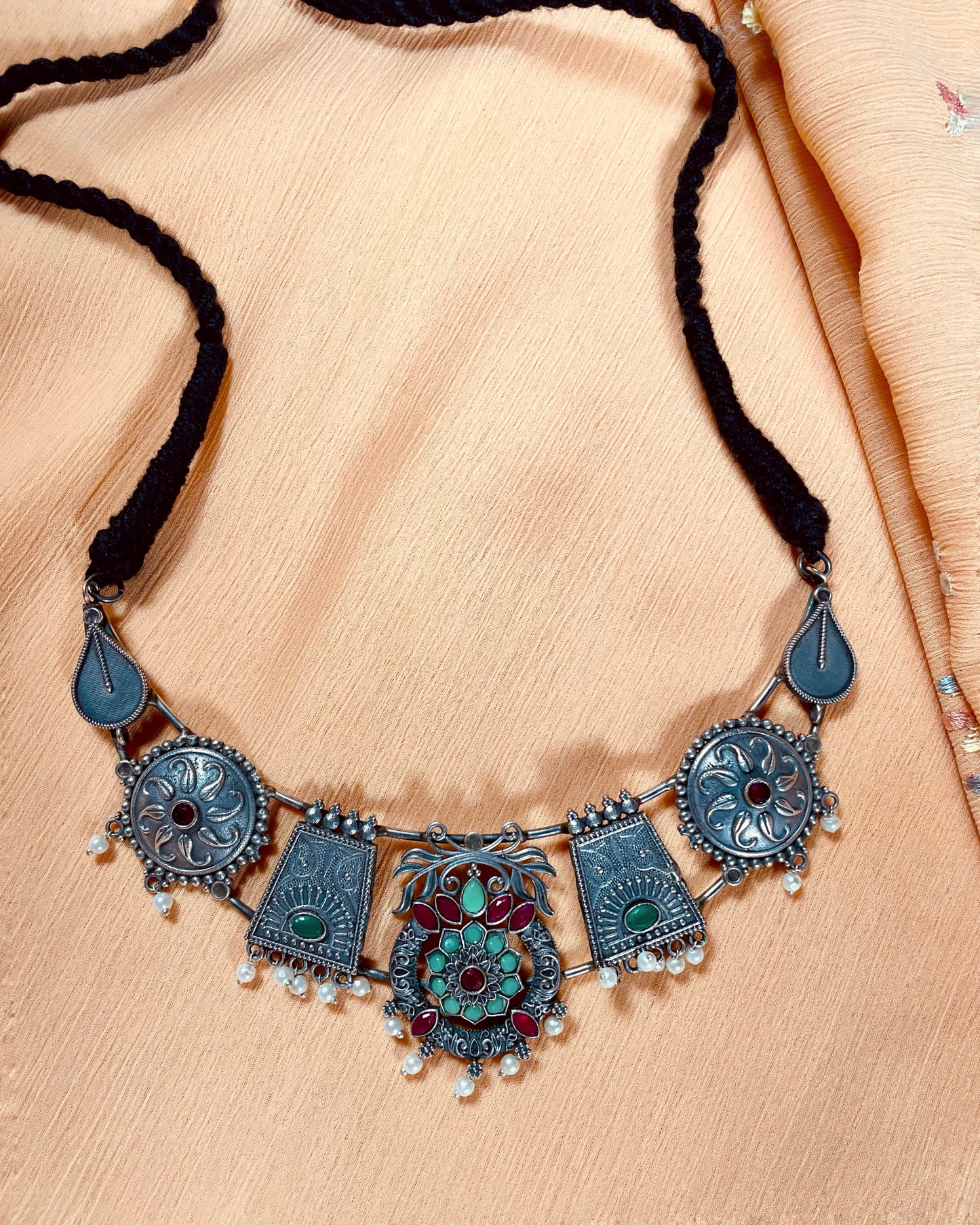 Peacock's Crown | Silver Plated Fusion Handcrafted Statement Necklace