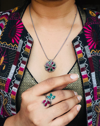 Kritvi | Silver Plated Multicolour Stone Adjustable Ring