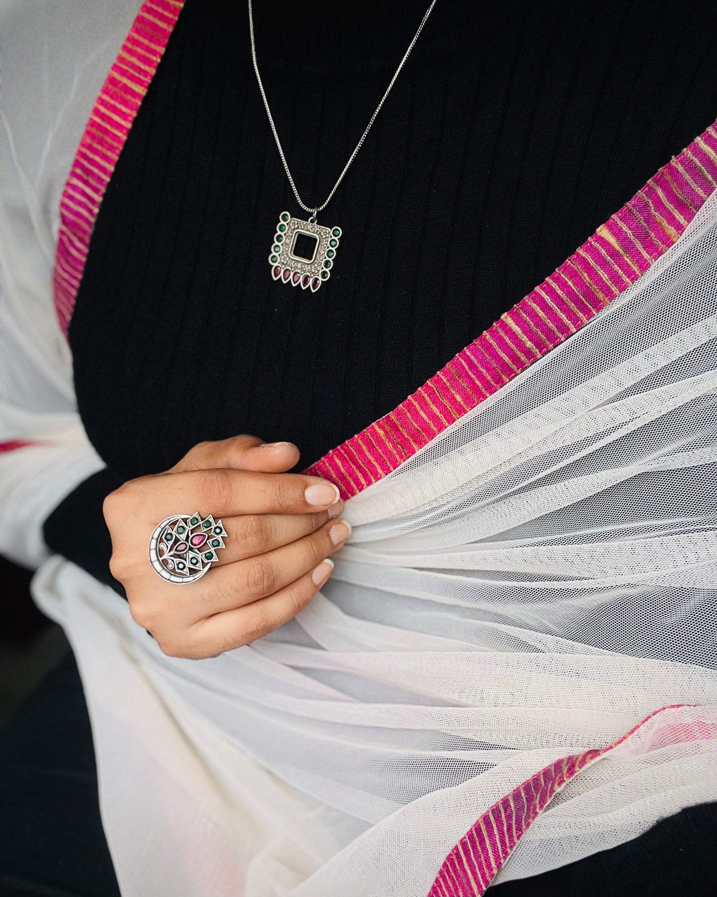 Arudhra|Silver Plated Multicolour Stone Adjustable Ring