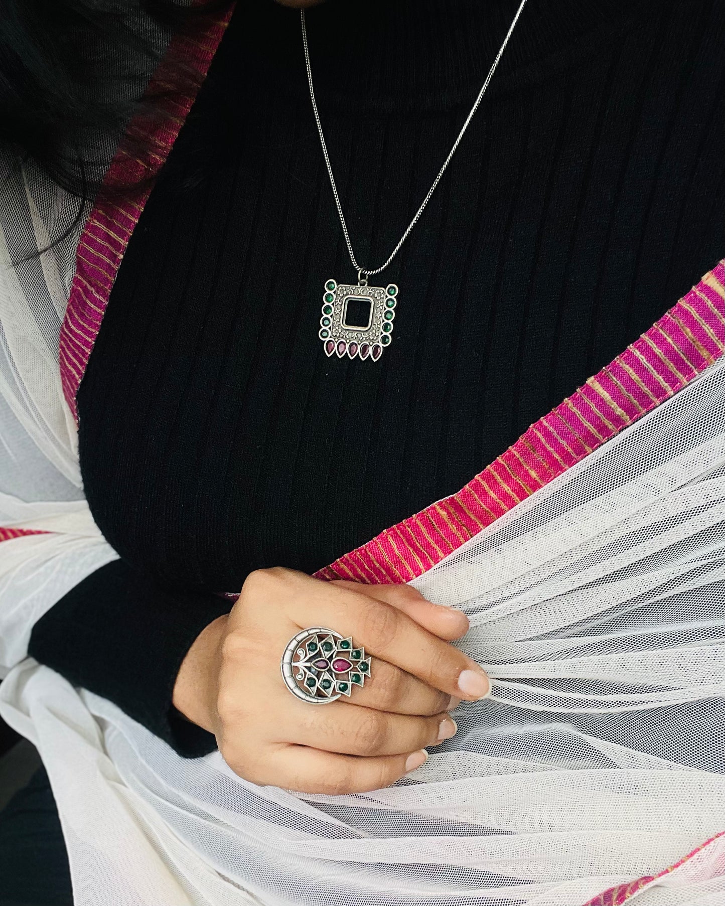 Twikara | Silver Plated Handcrafted Statement Pendant & Chain