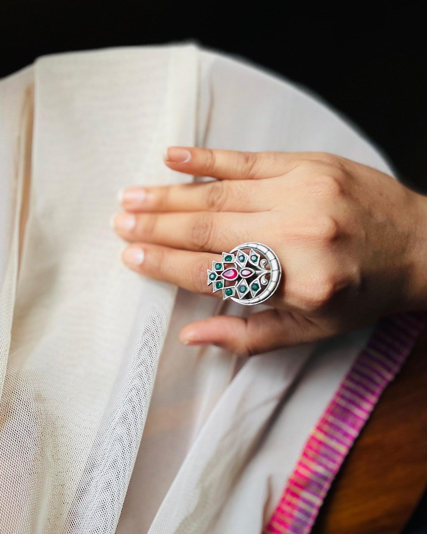 Arudhra|Silver Plated Multicolour Stone Adjustable Ring