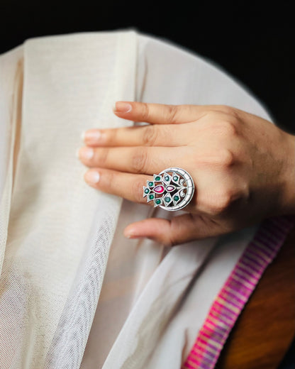 Arudhra|Silver Plated Multicolour Stone Adjustable Ring
