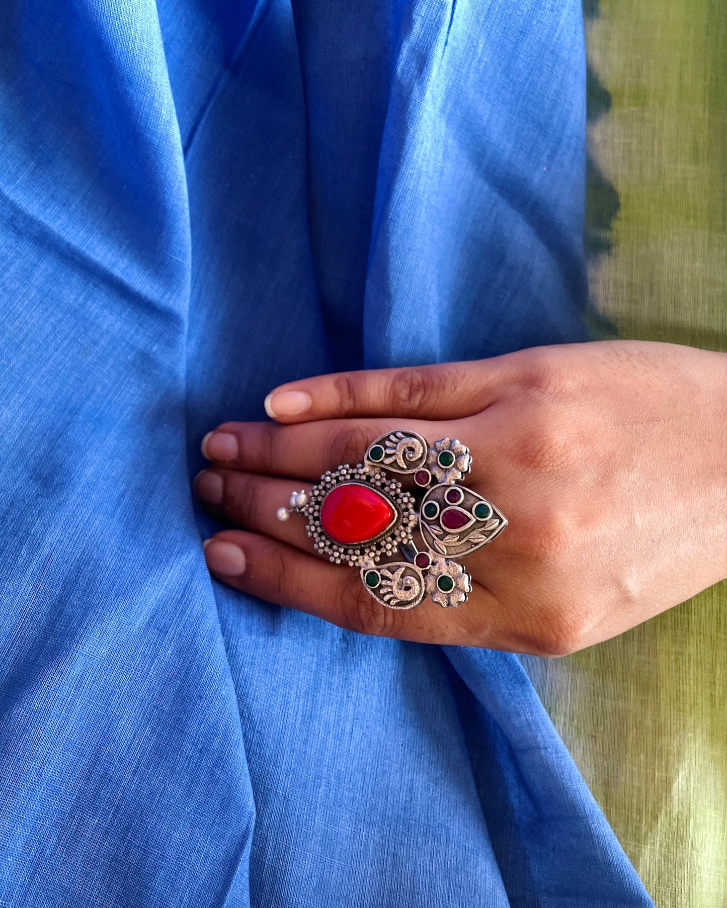 Aswaah | Silver Plated Handcrafted Fusion Statement Ring