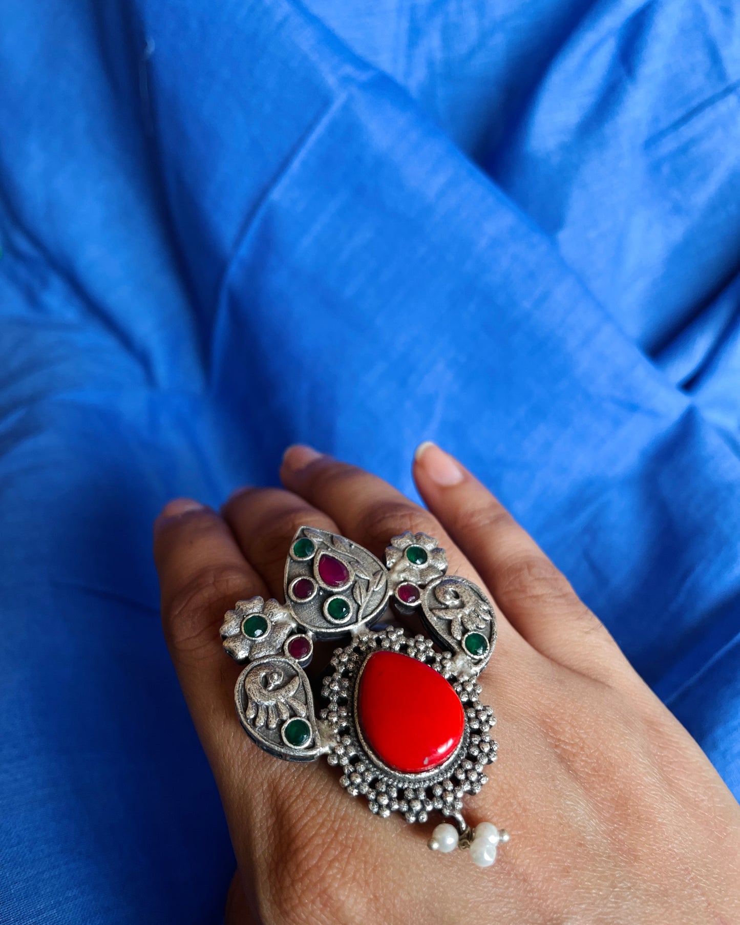 Aswaah | Silver Plated Handcrafted Fusion Statement Ring