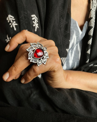 Spatika | Silver Plated Multicolour Stone Statement Ring