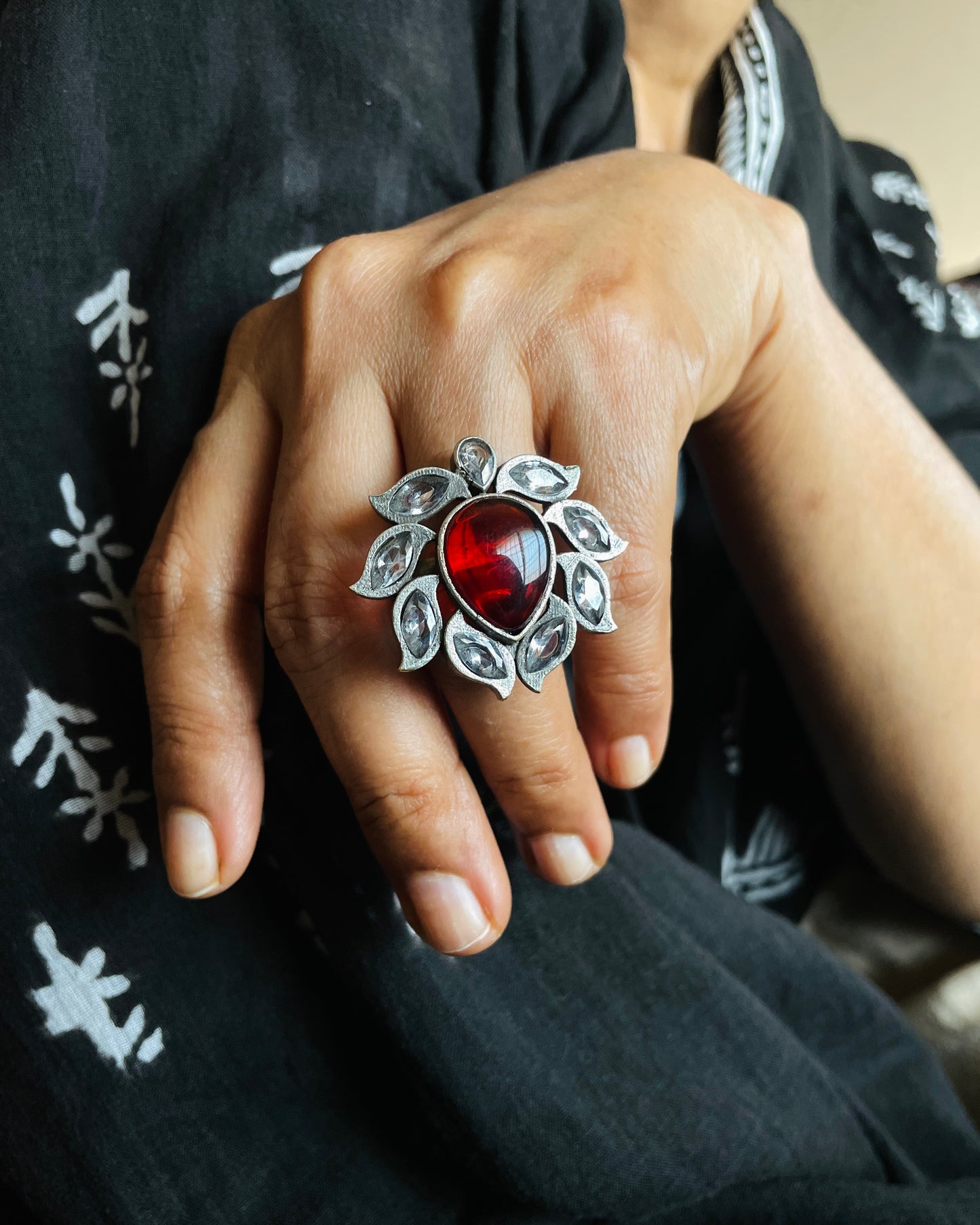 Spatika | Silver Plated Multicolour Stone Statement Ring