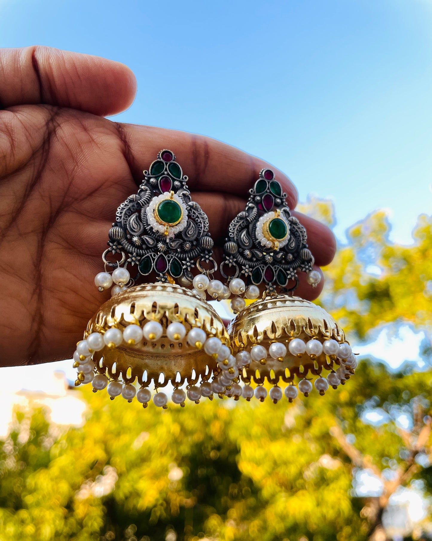 Noor Tarang | Silver Plated Dual Tone Kundan Jhumkas | Festive Series | Exclusively Handcrafted