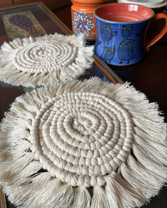 Antara Off-White Macrame Round Coasters (Set of 2)