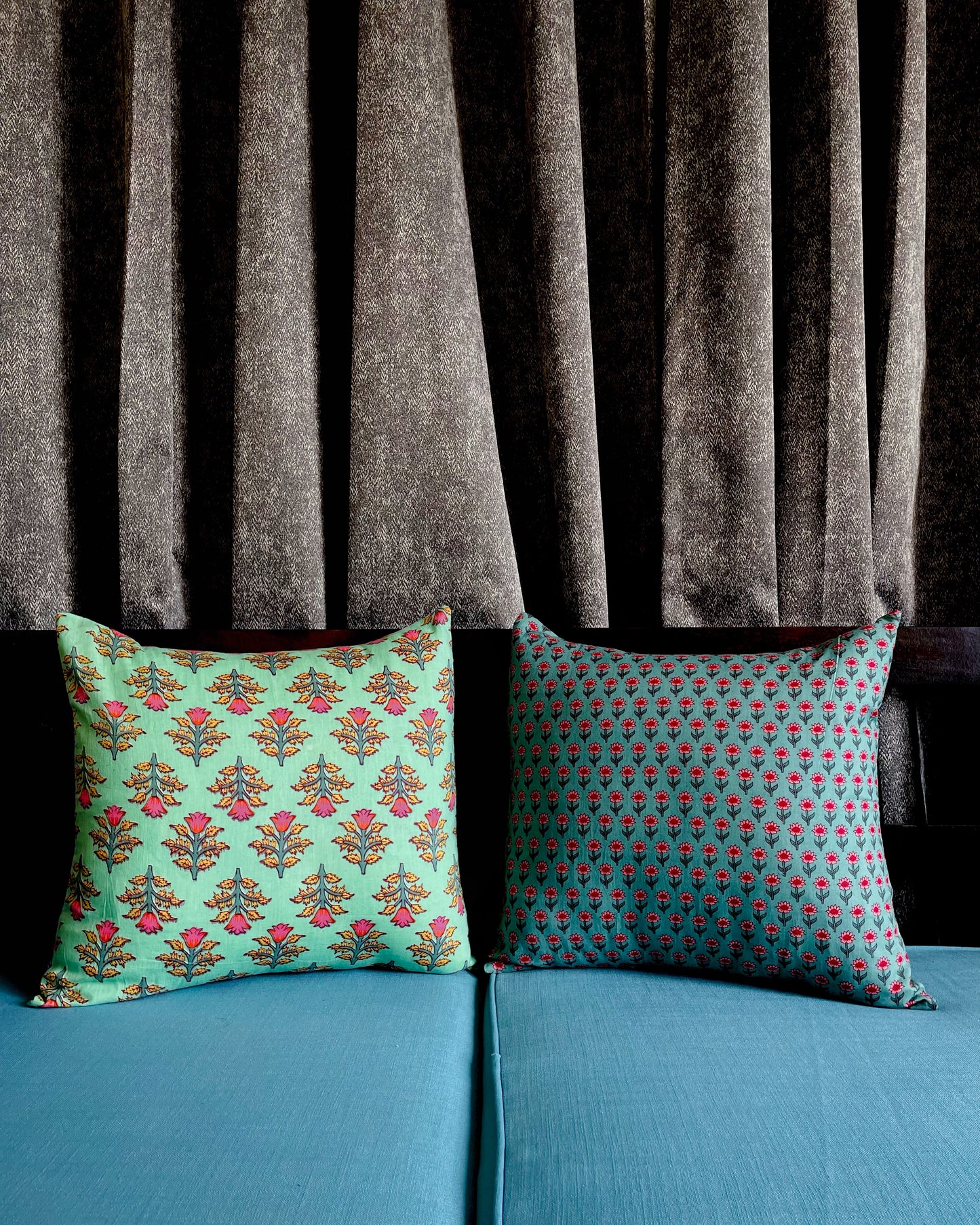 Oceanic Blossom | Pure Cotton Block Printed Cushion Covers | Set of 2