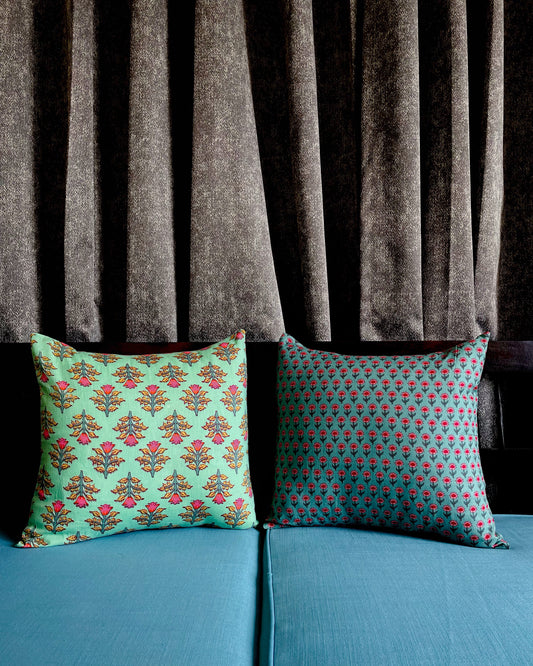 Oceanic Blossom | Pure Cotton Block Printed Cushion Covers | Set of 2