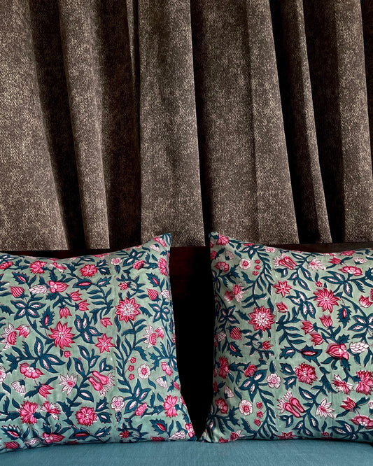 Sanganeri Blooms | Pure Cotton Block Printed Cushion Covers | Set of 2