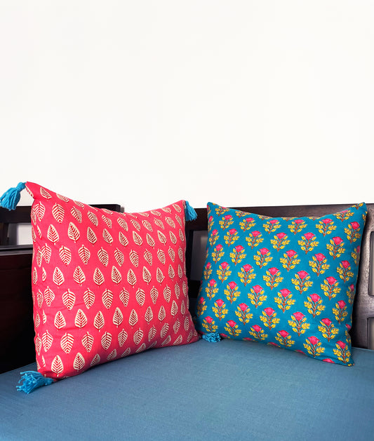 Pink Hues by the Sea | Pure Cotton Block Printed Cushion Covers | Set of 2