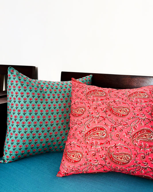 Seafoam Paisley Whispers | Pure Cotton Block Printed Cushion Covers Set of 2