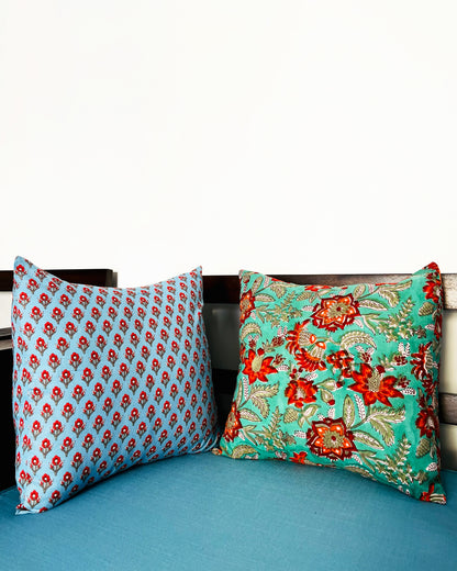Aqua Ruby | Pure Cotton Block Printed Cushion Covers | Set of 2