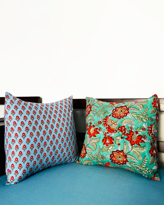 Aqua Ruby | Pure Cotton Block Printed Cushion Covers | Set of 2