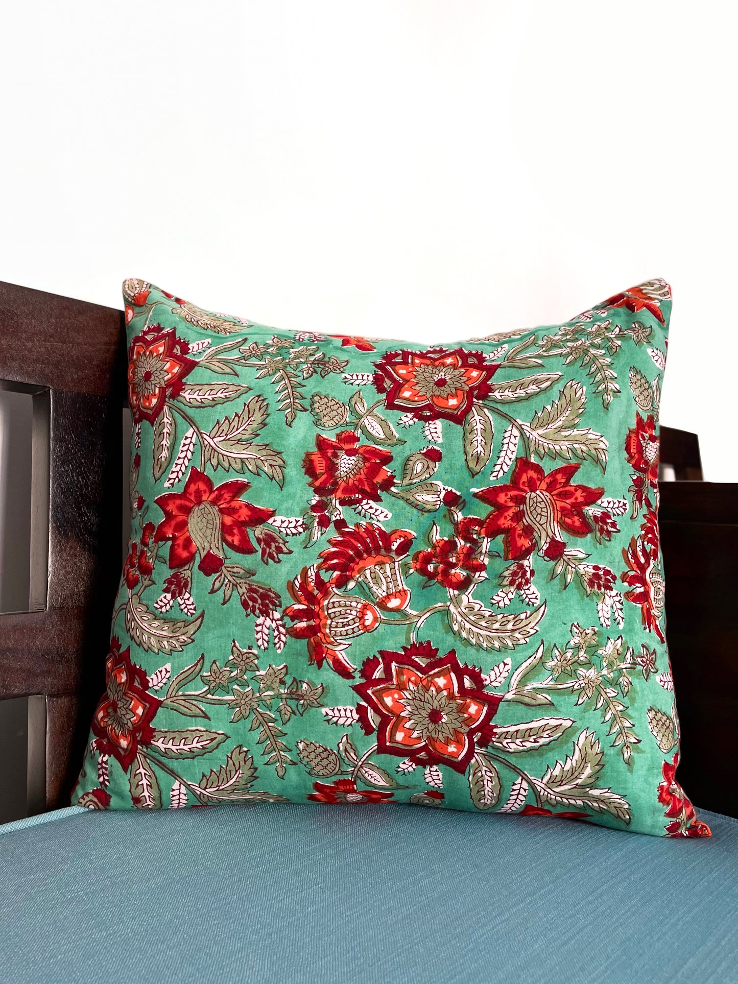 Aqua Reef & Tangerine | Pure Cotton Block Printed Cushion Covers with Multicolor Tassles | Set of 2
