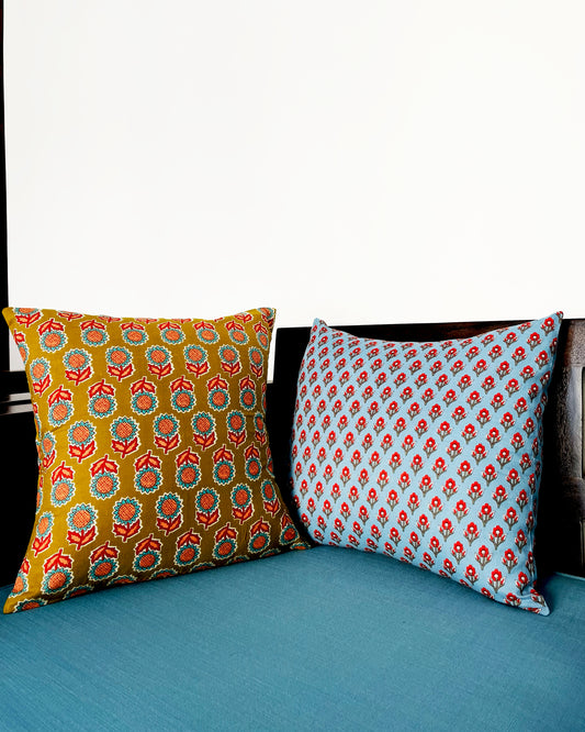 Sun-Kissed Botanicals | Pure Cotton Block Printed Cushion Covers | Set of 2