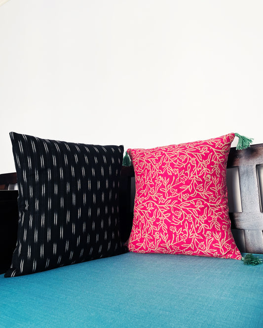 Harmony in Contrasts | Pure Cotton Ikkat & Block-printed Cushion Covers | Set of 2