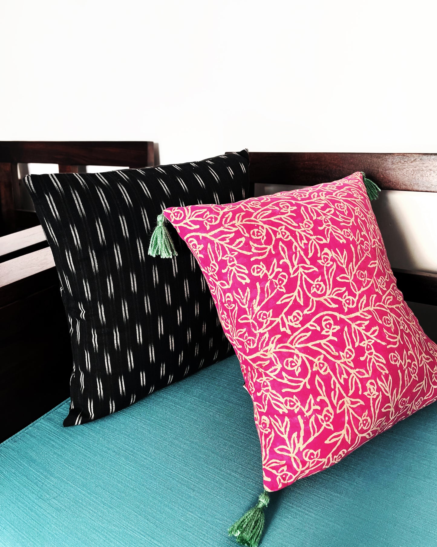 Harmony in Contrasts | Pure Cotton Ikkat & Block-printed Cushion Covers | Set of 2