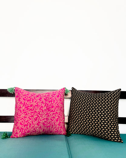 Tropical Tassels & Desert Sands | Pure Cotton Block Printed Cushion Covers with Tassles | Set of 2
